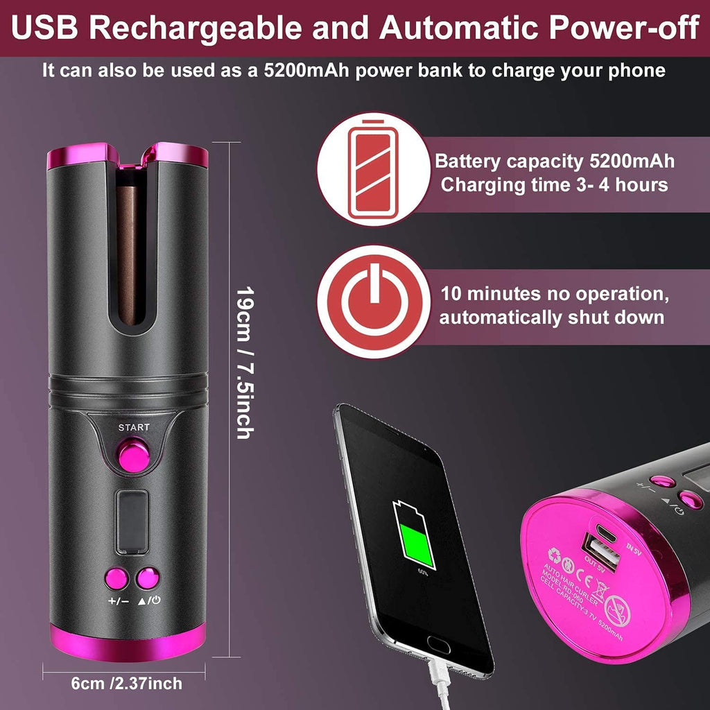Cordless Hair Curler – Automatic Hair Curling Iron with Heatless Rotating Technology, 3 Temperature & Timer Settings