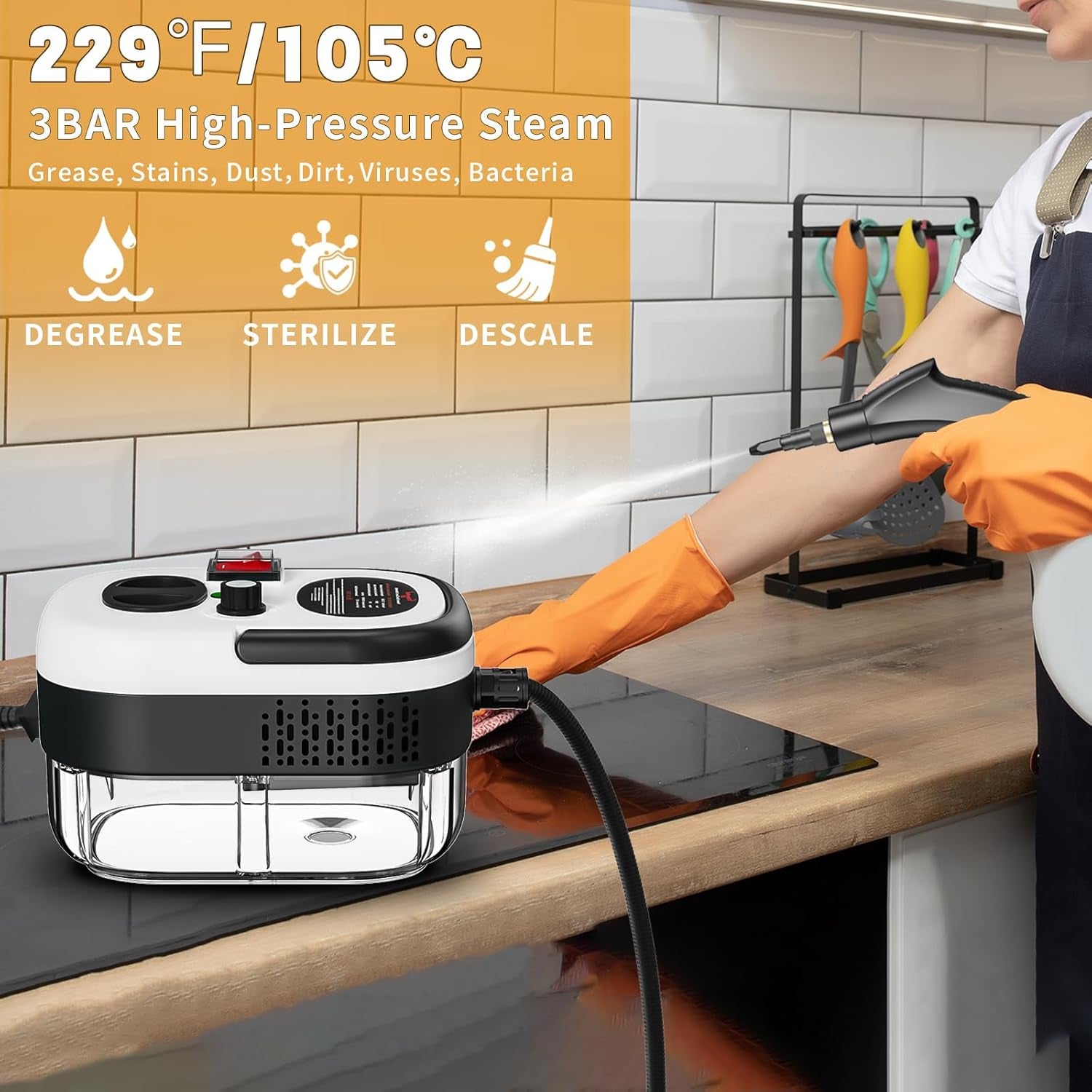 High Pressure Handheld Steam Cleaner. 15s fast heating portable steamer for dirt, grease, grout, tile, floor & car. White.