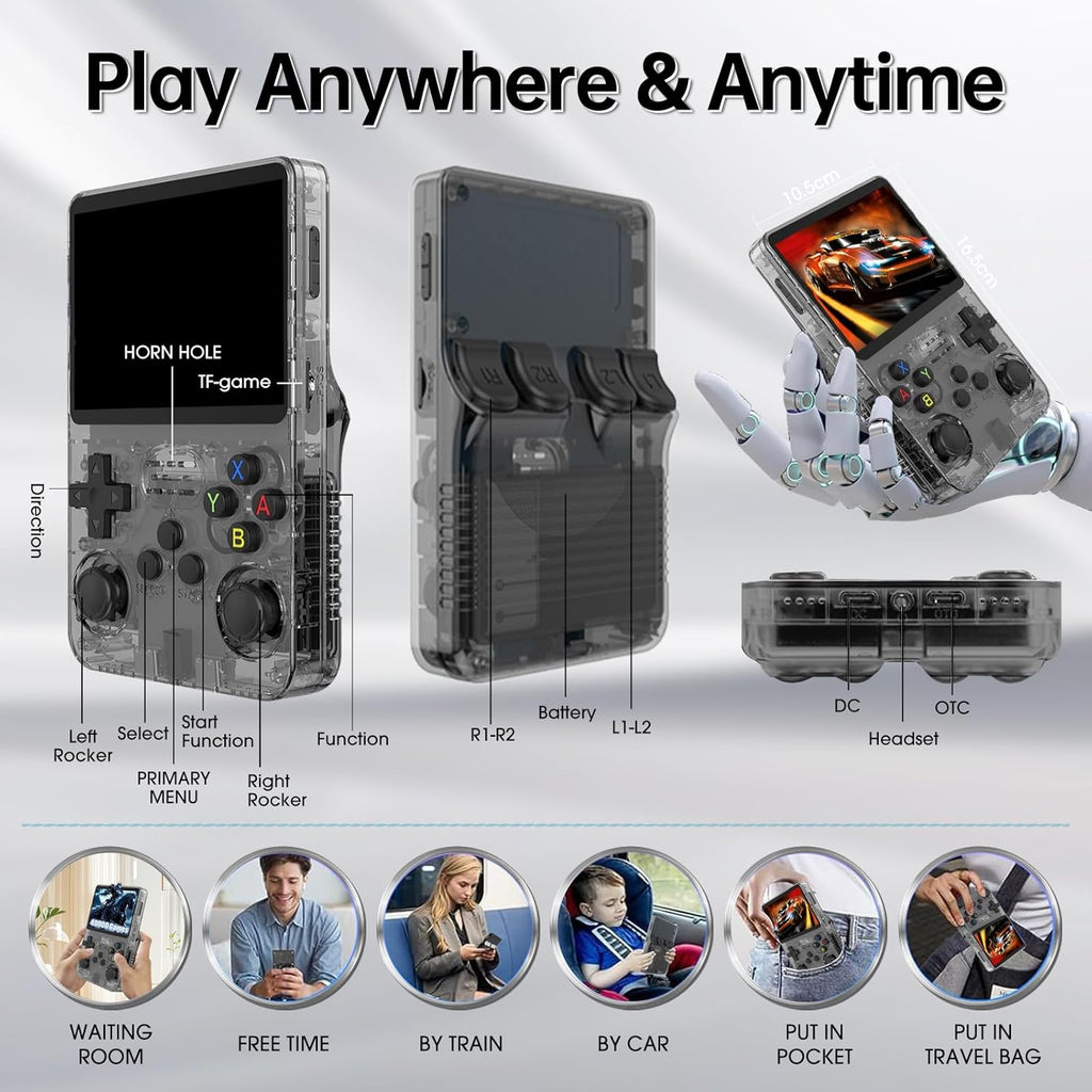 R36S Retro Handheld Game Console. 3.5" IPS, 64GB, 40,000+ classic games. Open-source ARKOS, 3500mAh battery for long play.