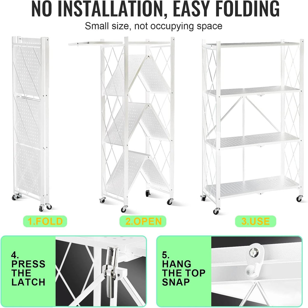 4-Layer White Mobile Folding Kitchen Storage Rack – No-Installation, Thickened Multi-Purpose Shelf (White)