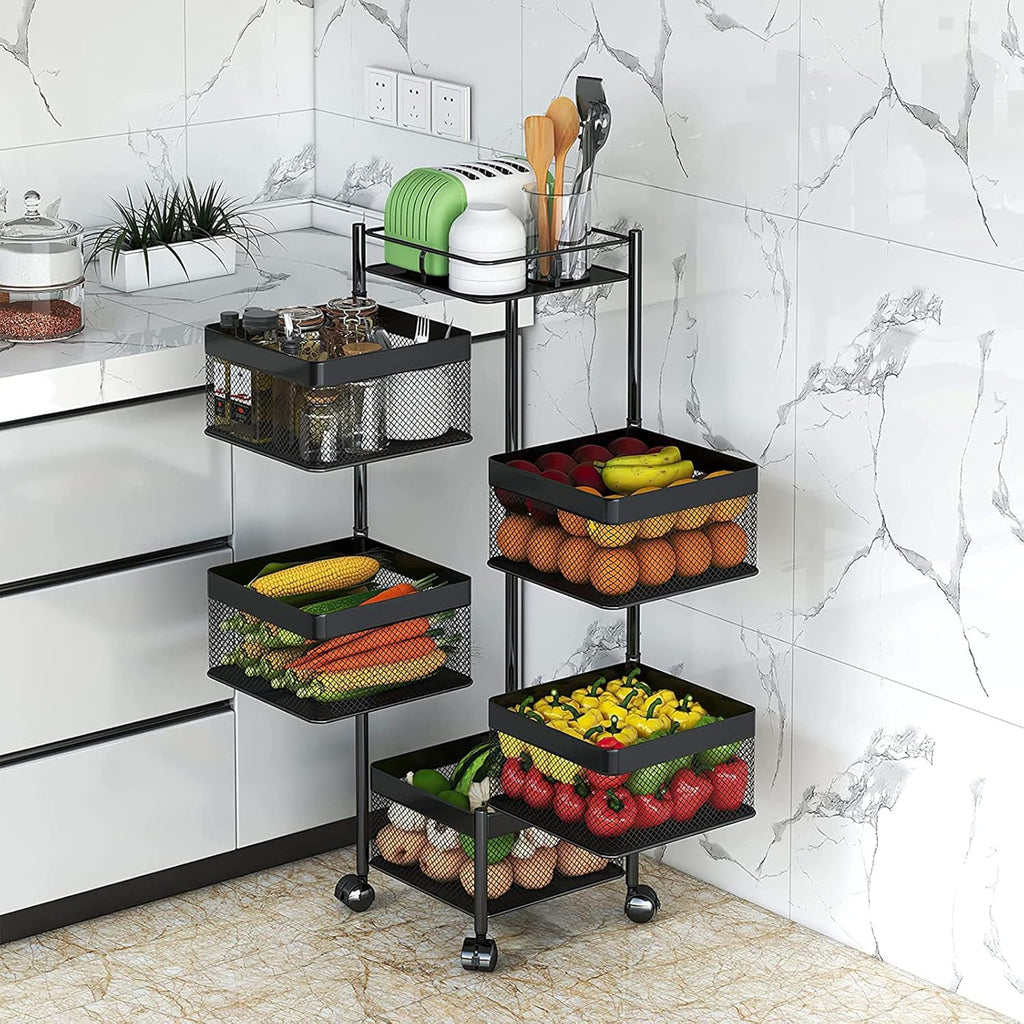 5-Layer Mobile Storage Solution | Rotatable Baskets with Wheels | Elegant Black | 92cm