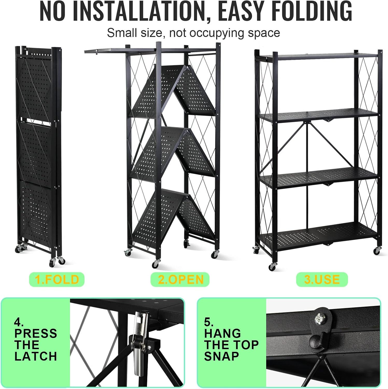 4-Layer White Mobile Folding Kitchen Storage Rack – No-Installation, Thickened Multi-Purpose Shelf (Black)