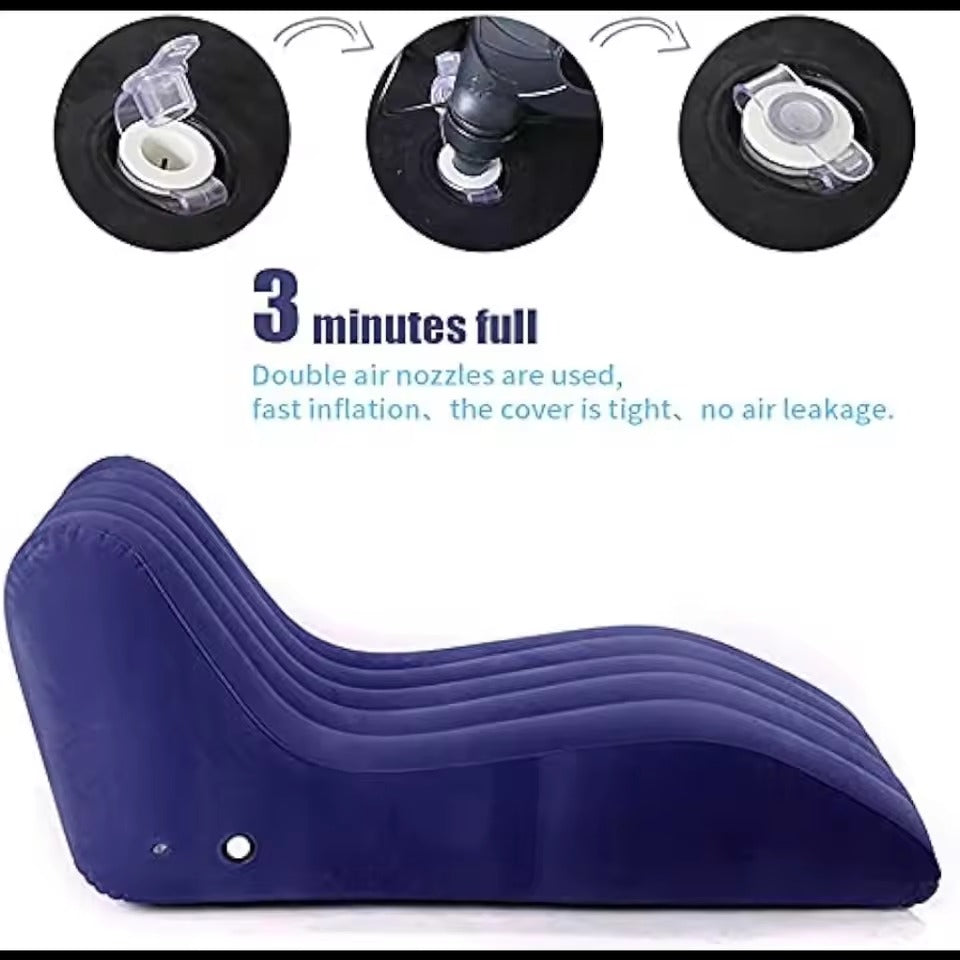 Folding Portable Inflatable Recliner Sofa – S-Type Lazy Flocking Lounge Chair with Foot Air Pump for Indoor Living Room & Outdoor Balcony (Blue)