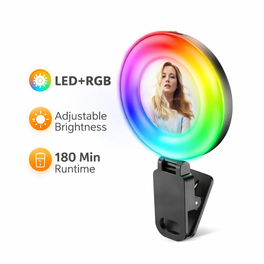 U20 PRO Ring Selfie Light - RGB Clip LED Fill Light with Tripod, Portable Mini Video Lighting for Phone & Camera (Black)