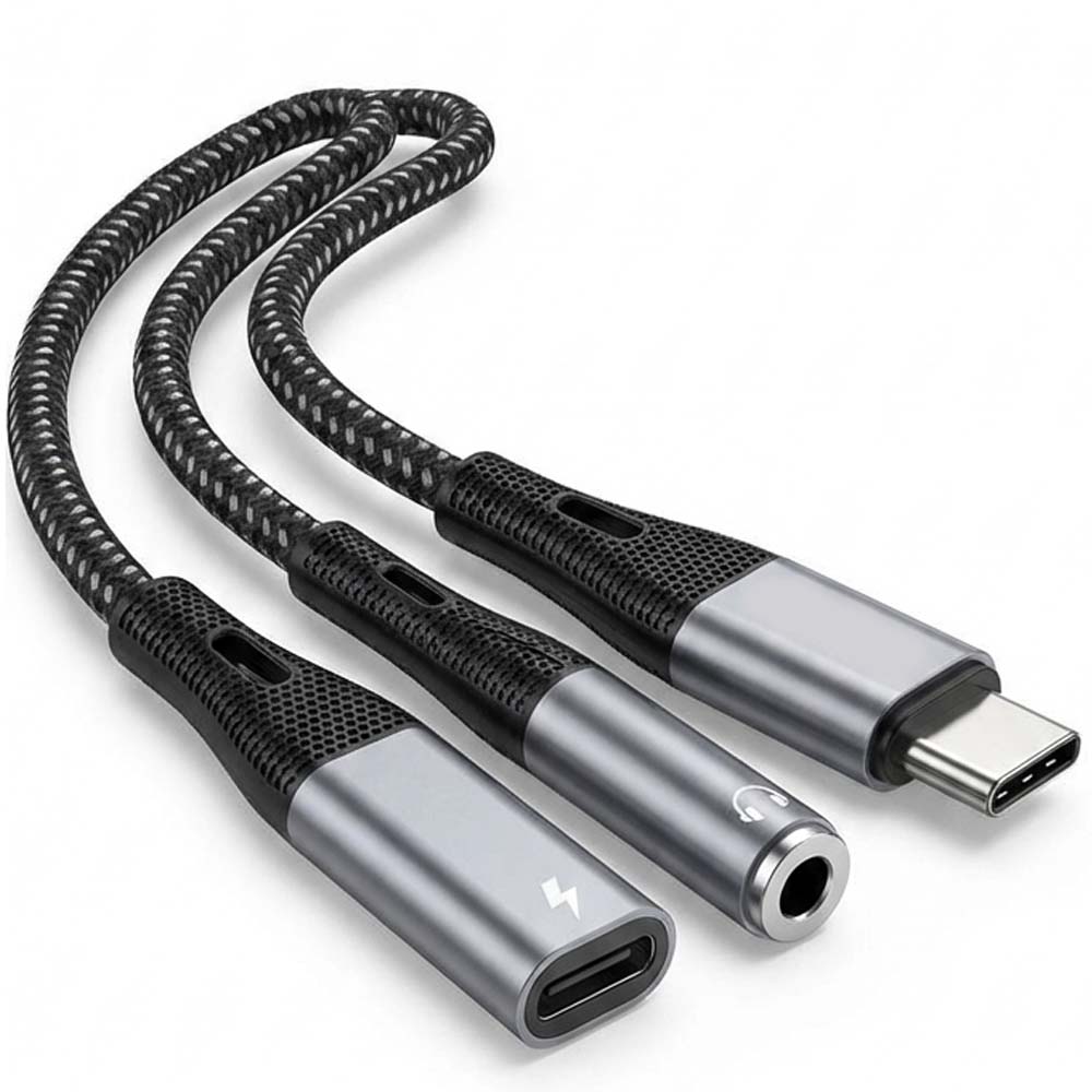 GD-UC162 Type-C to 3.5mm 2-in-1 Adapter. Nylon braided cable with PD 60W fast charging & lossless audio for headphones.
