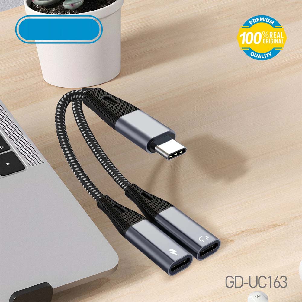 GD-UC162 Type-C to 3.5mm 2-in-1 Adapter. Nylon braided cable with PD 60W fast charging & lossless audio for headphones.