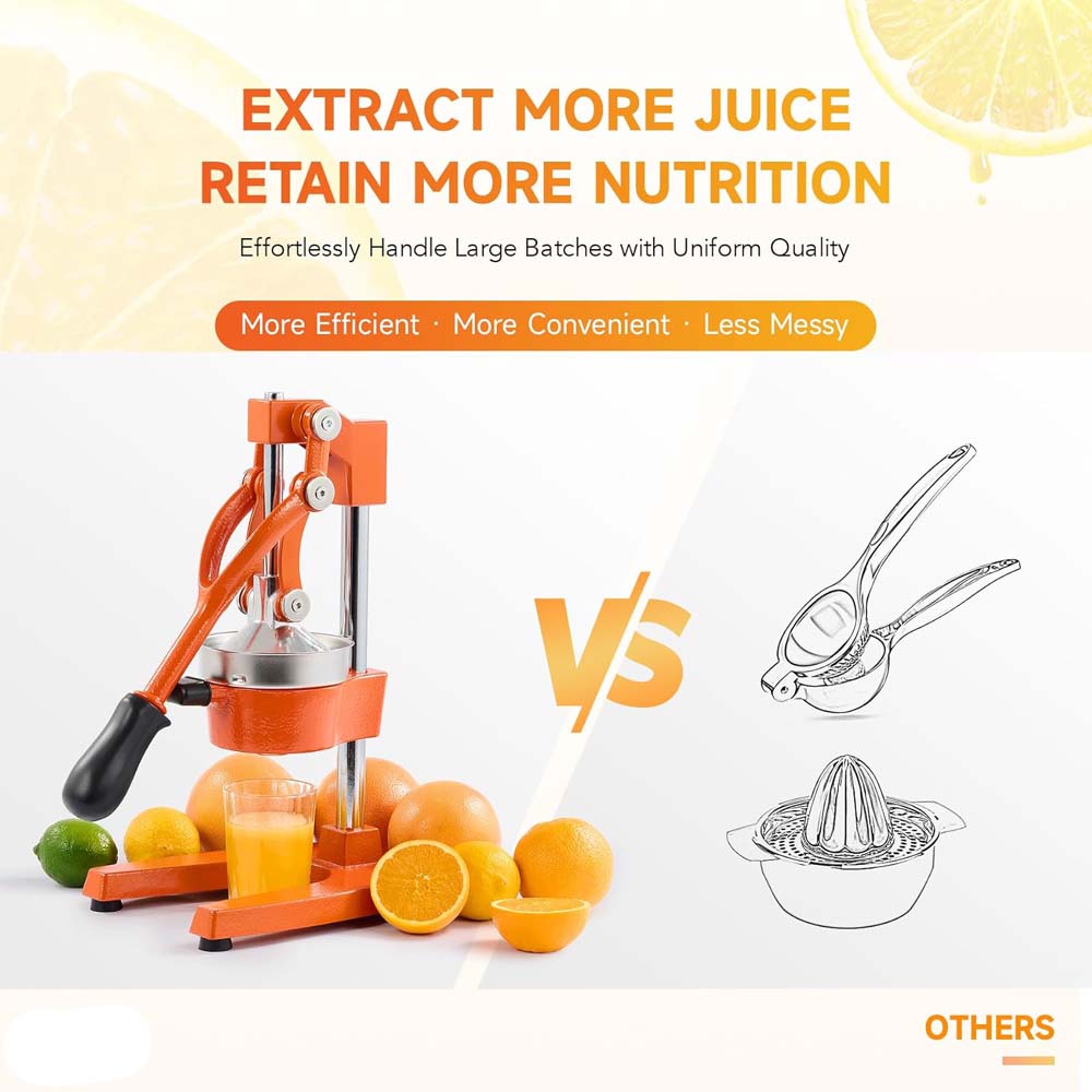Hand Press Manual Citrus Juicer. Professional orange juicer & lemon squeezer for fresh juice. Easy to clean commercial-grade press.