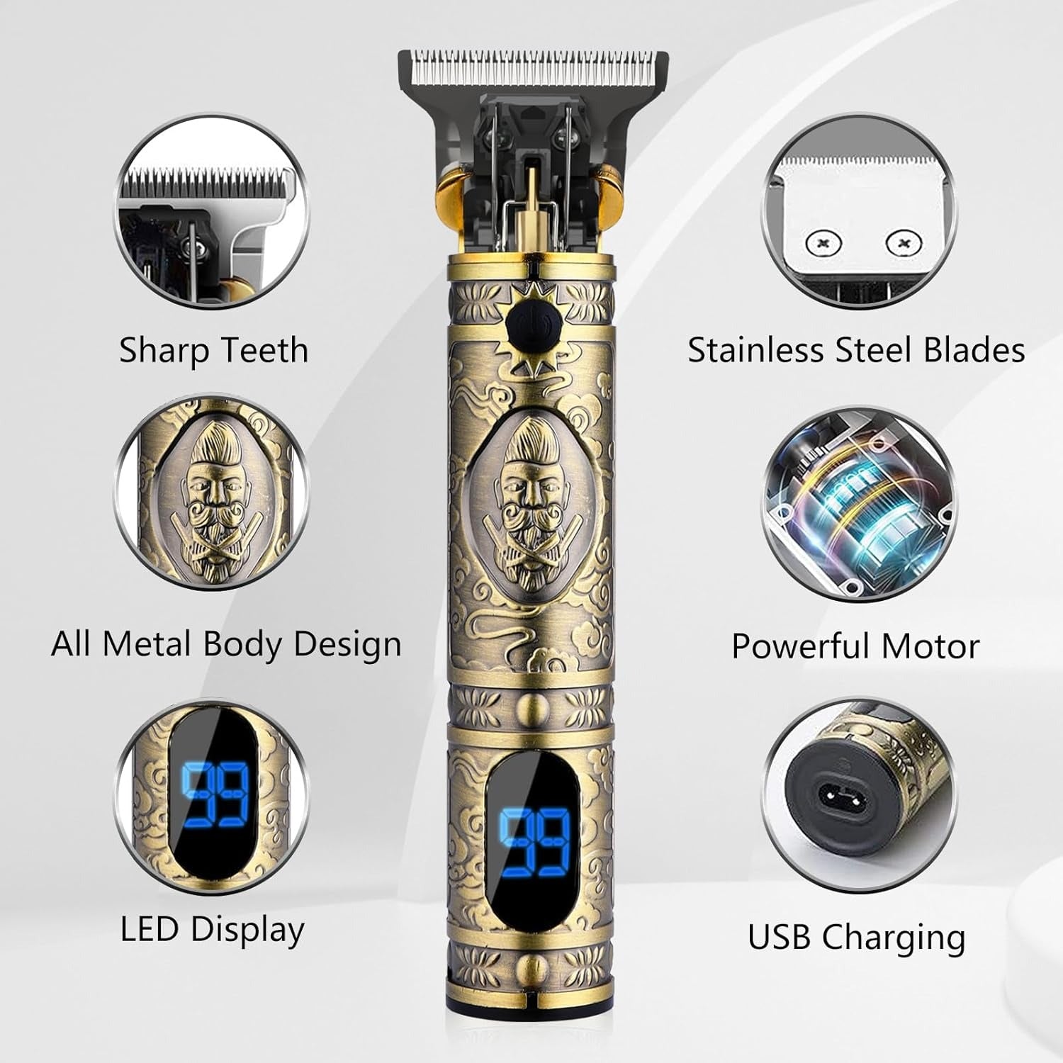 YACD D-044 Cordless Hair Clipper. Affordable elegant metal body, professional stainless blade, USB charging, 120-min runtime.