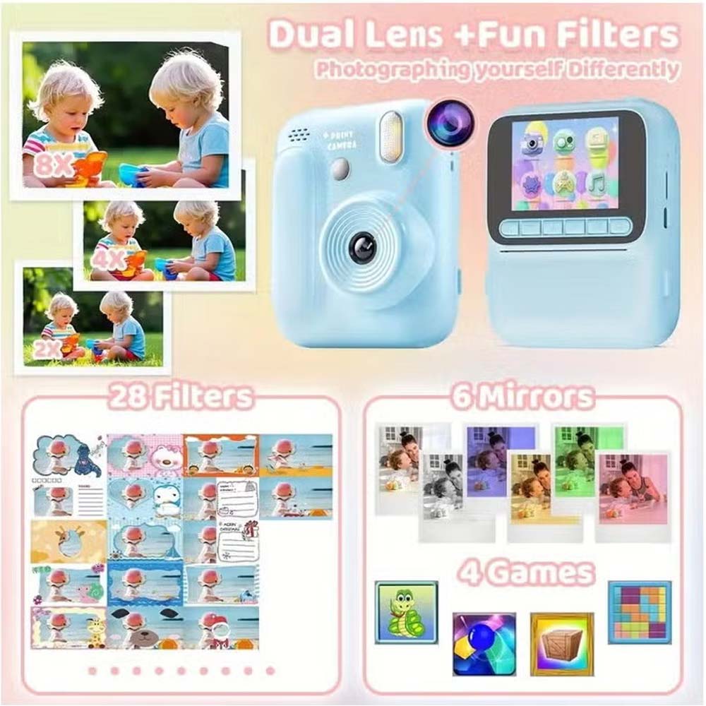 Kids Instant Print Camera with 4800W HD Photos, 1080p Video & Ink-Free Thermal Printing. 2.4" IPS display, built-in games & MP3 player.
