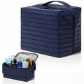 Navy Blue Foldable Travel Makeup Organizer. Large capacity, waterproof cosmetic bag with dividers for women. Portable.