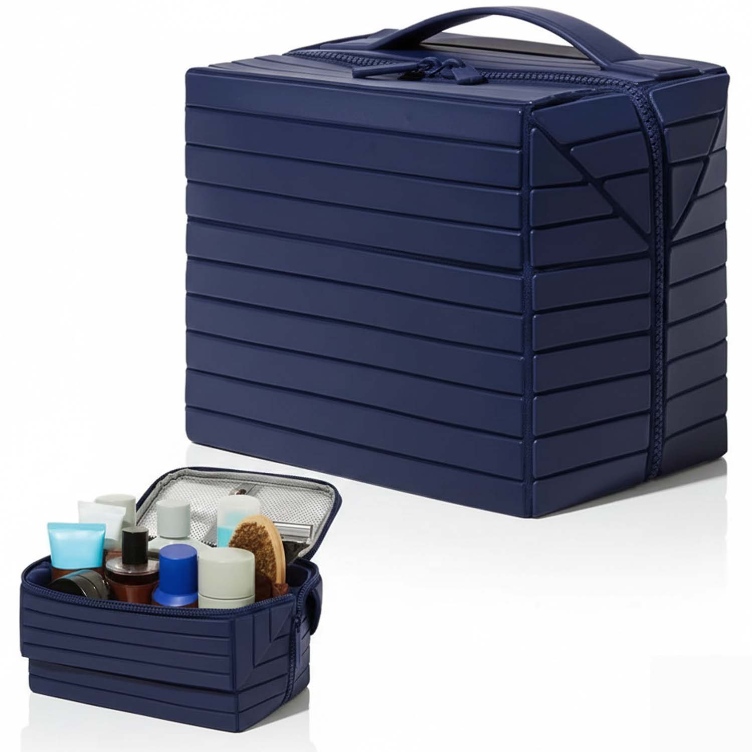 Navy Blue Foldable Travel Makeup Organizer. Large capacity, waterproof cosmetic bag with dividers for women. Portable.