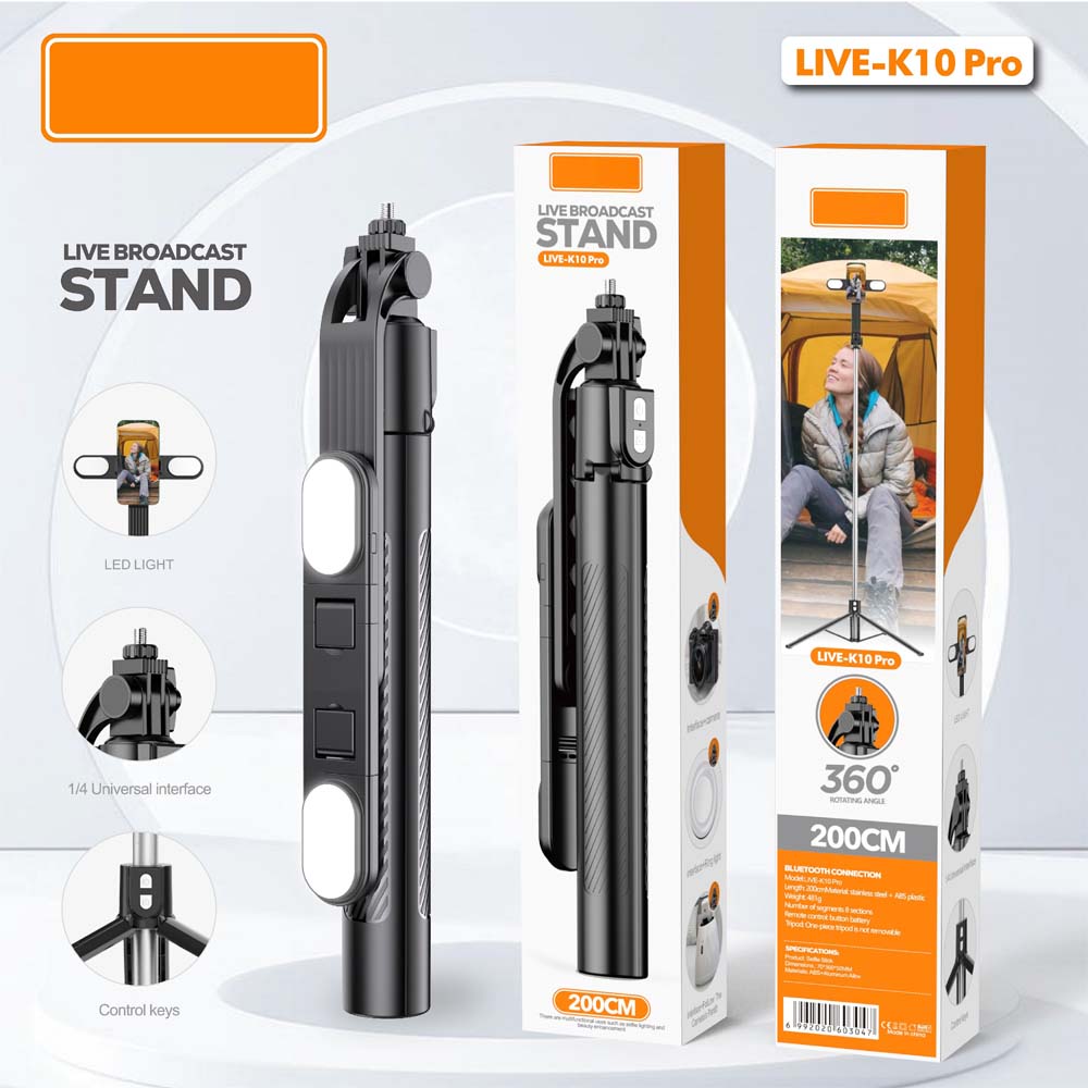 Live K10 PRO 6.5 Feet Tripod Stand Selfie Stick with 2 Chargeable Lights, Bluetooth Remote, 360° Rotatable, Compitable for DSLR, Smartphone, Vlogging, YouTube