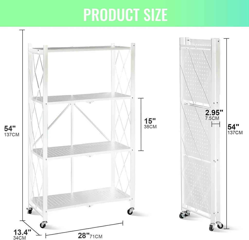 4-Layer White Mobile Folding Kitchen Storage Rack – No-Installation, Thickened Multi-Purpose Shelf (White)