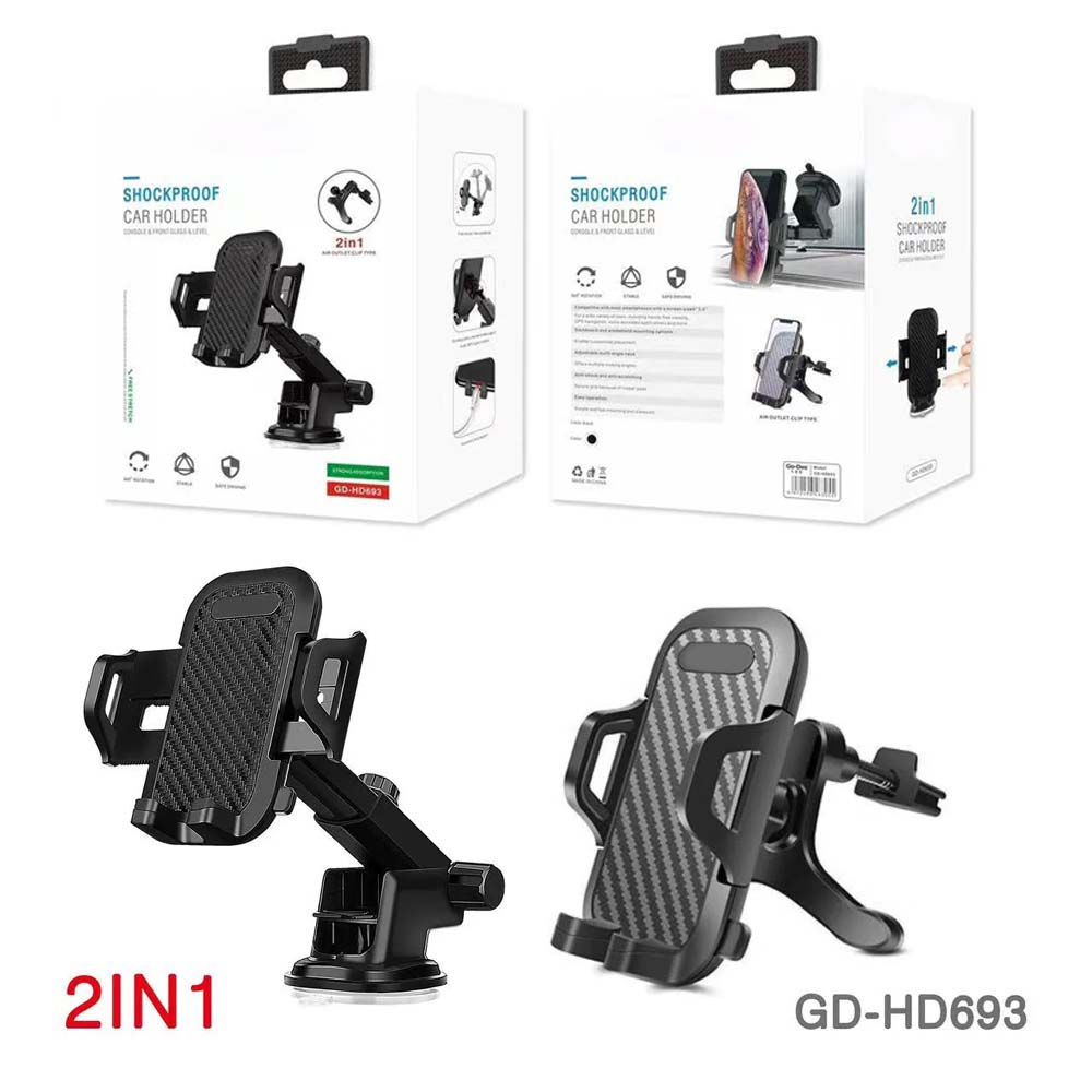 GD-HD693 2-in-1 Shockproof Car Phone Holder. Universal dashboard and air vent mount with 360° rotation for safe driving.
