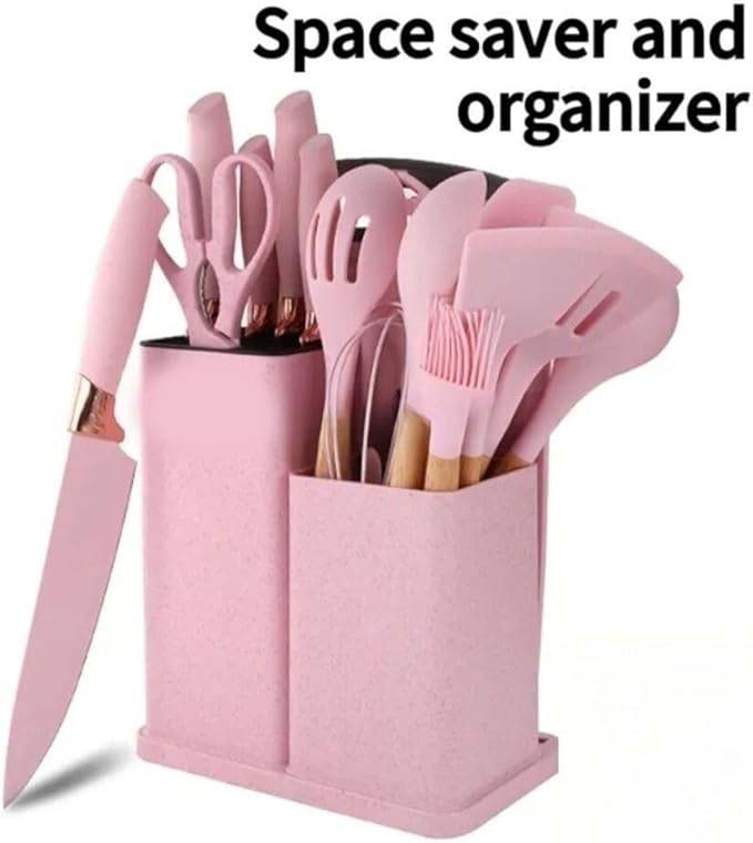 19-Piece Silicone Cooking Utensils & Knife Set with Block | Includes 11 Silicone Utensils, 5 Stainless Steel Knives, Scissors, Cutting Board | Pink