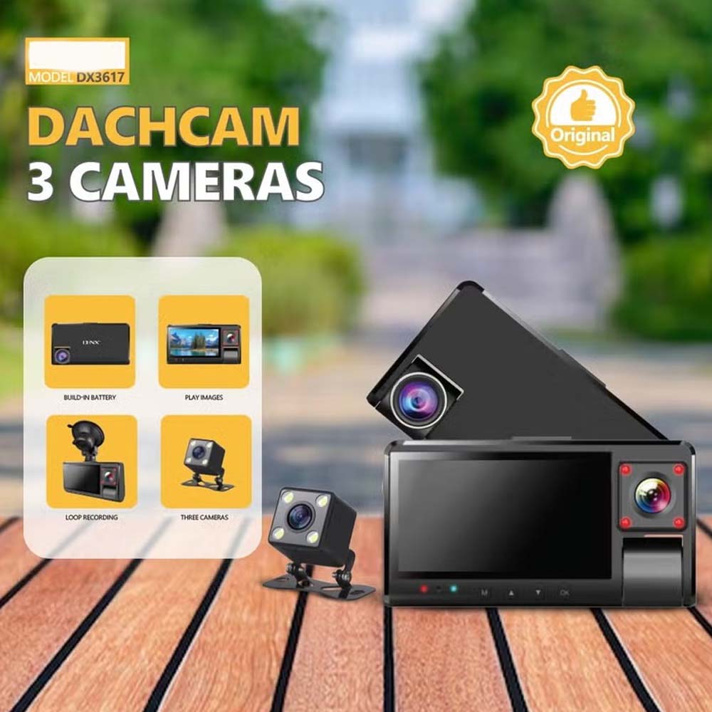 DX-3617 3-Channel Dash Cam. Front, rear & interior recording with WiFi app control, night vision & parking mode.