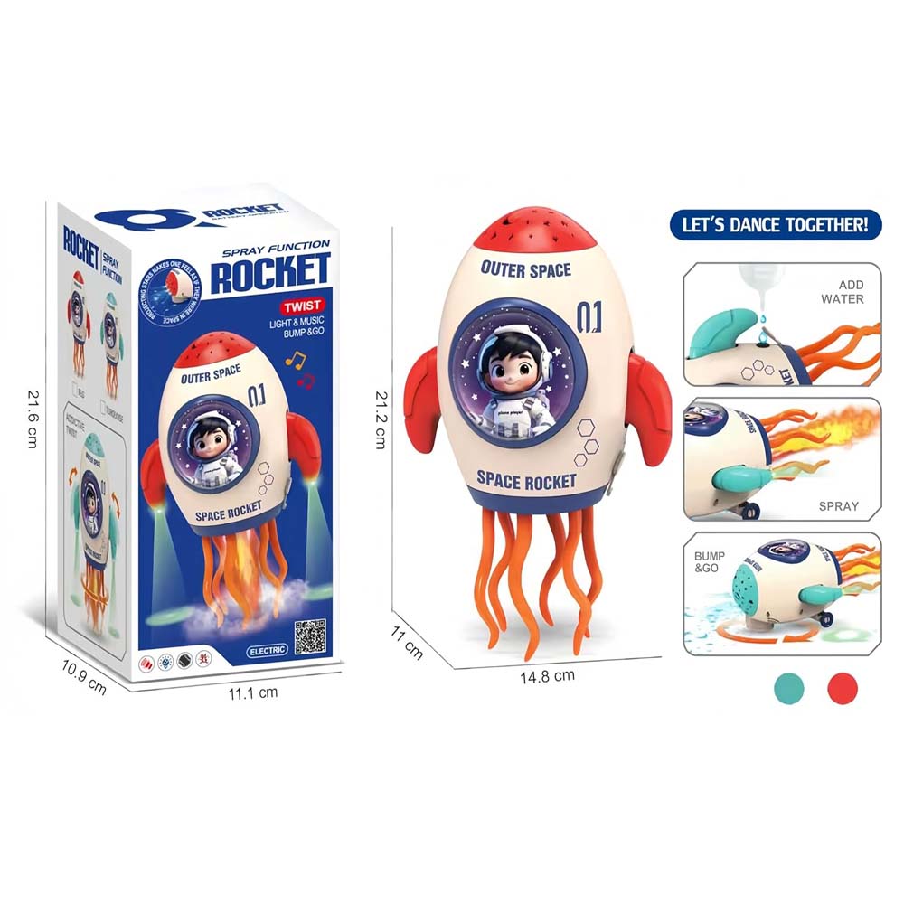 Rocket Toy with Fog Function. Crawling spray rocket with music, LED lights & dancing movement for 3-6 year old kids. Birthday gift.