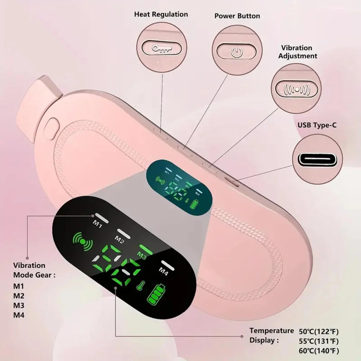 Electric Period Heating Belt - Portable Waist, Back, and Belly Pain Relief with Heating & Massage, 3 Heat Levels, 4 Vibration Modes