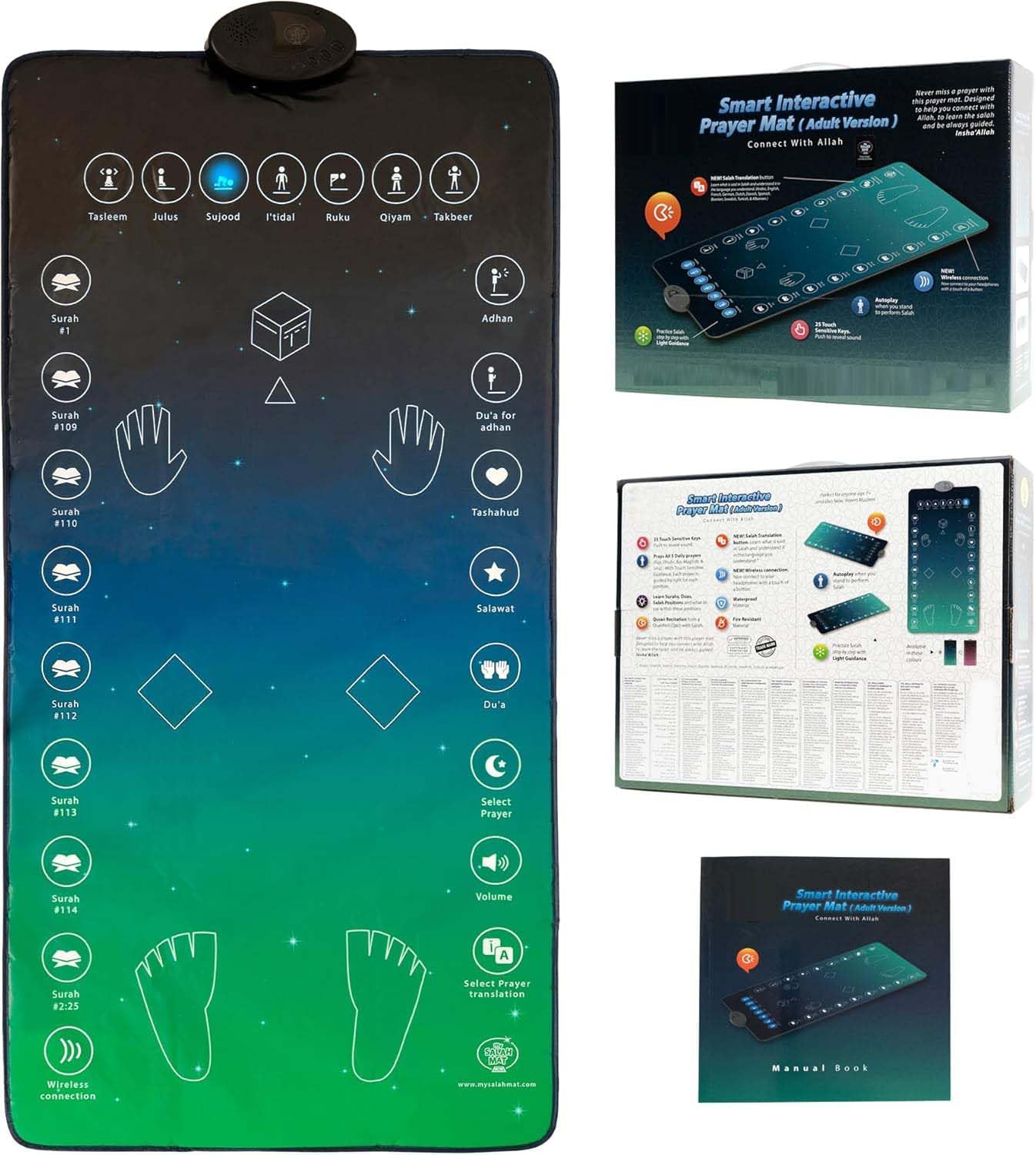 Smart Interactive Prayer Mat for Adults & Reverts. 25 touch keys, speaker & padded layer for learning Salah, Surahs & Duas. Ages 8+