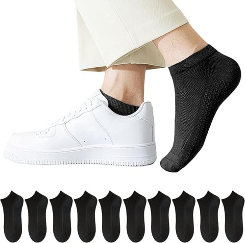 10 Pairs Men's Breathable Cotton Ankle Socks - Ultra Lightweight & Comfortable for All Seasons (Black)