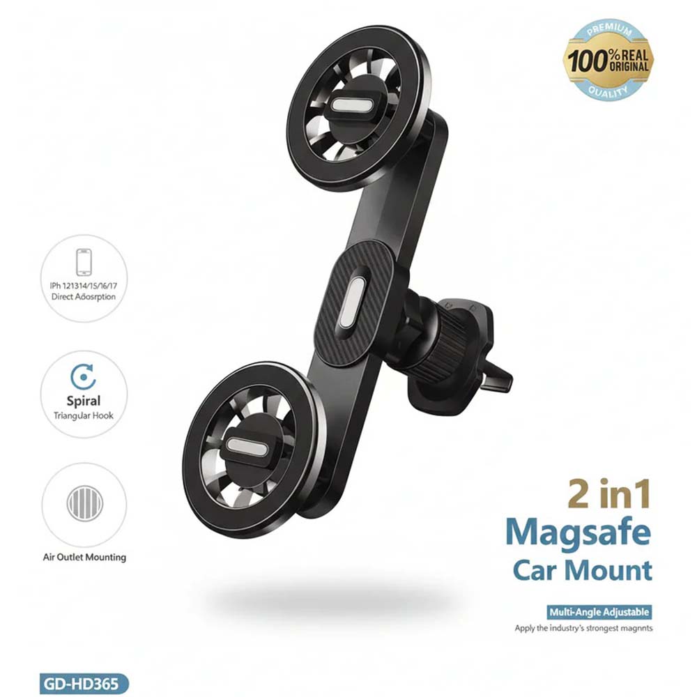GD-HD365 2-in-1 Magnetic Car Phone Holder. Ventilation mount with strong magnetic grip for safe, hands-free driving.