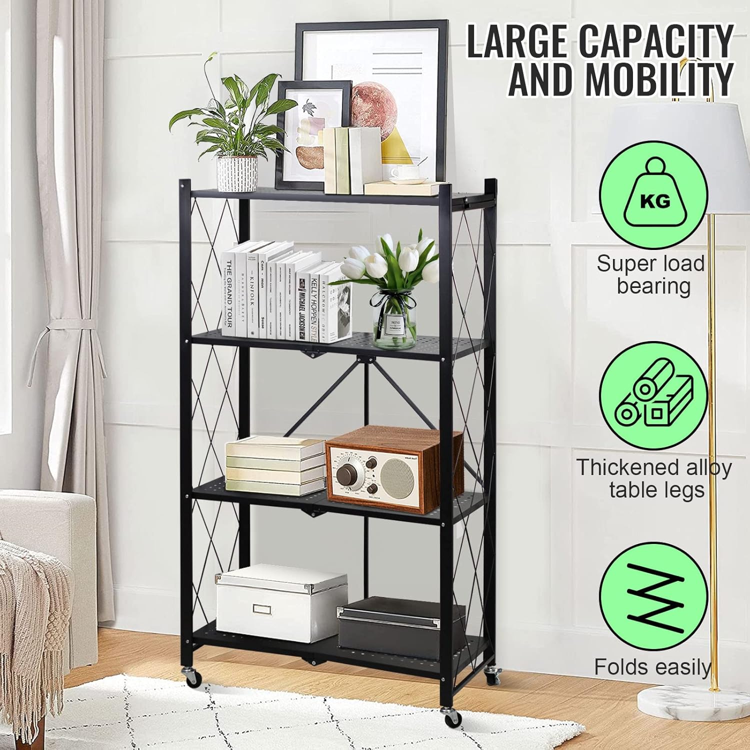 4-Layer White Mobile Folding Kitchen Storage Rack – No-Installation, Thickened Multi-Purpose Shelf (Black)