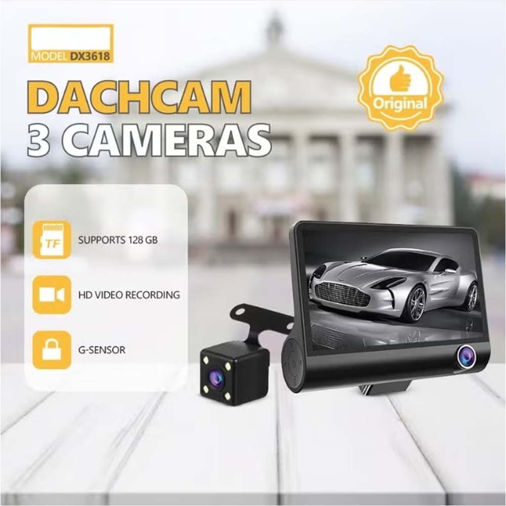 DX3618 3-Channel Car Dashcam. 4" HD display with front, rear & inside cameras. Loop recording, night vision & G-sensor.