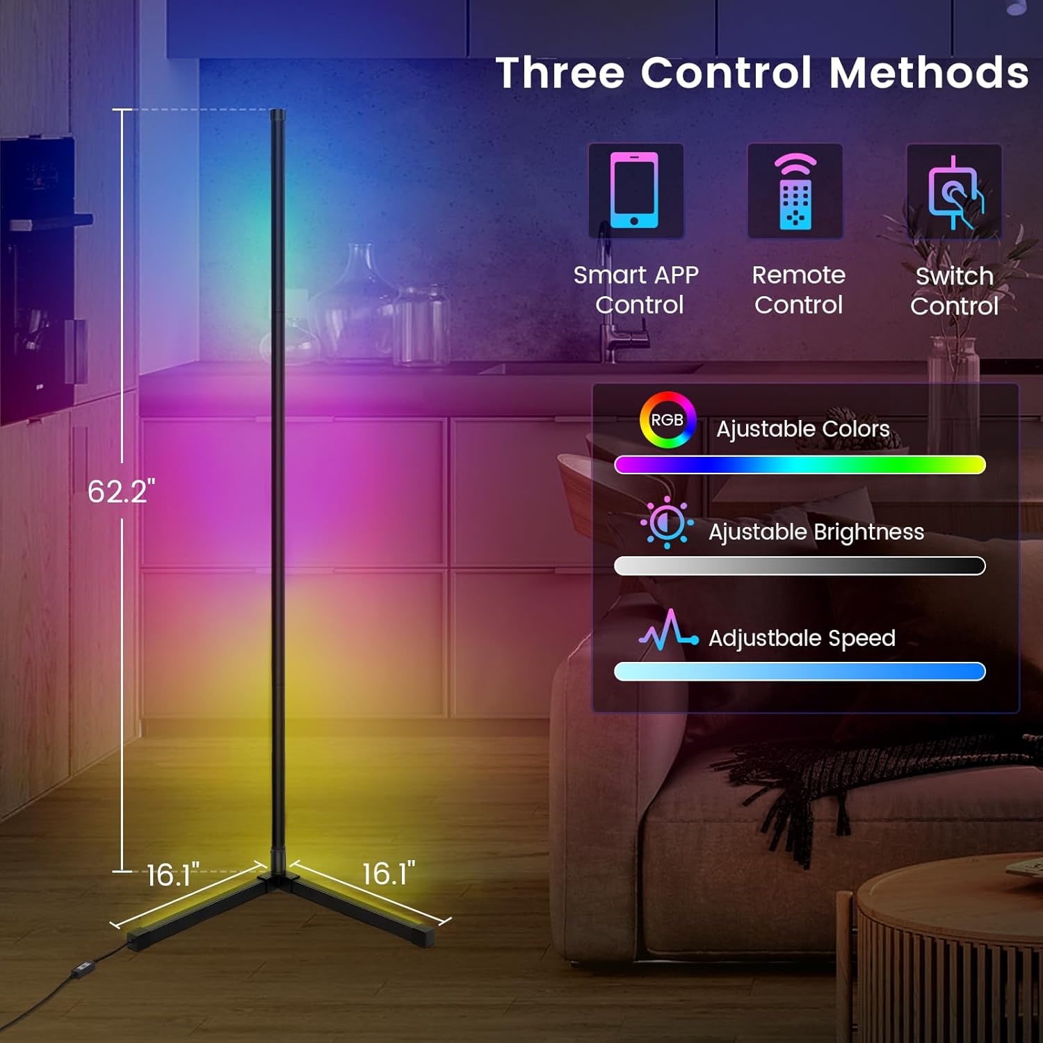 Smart RGB LED Floor Lamp, 62.2” Corner Light with APP & Remote Control, Music Sync & Timer, Modern Color-Changing Mood Lighting for Living Room, Bedroom, Gaming Room