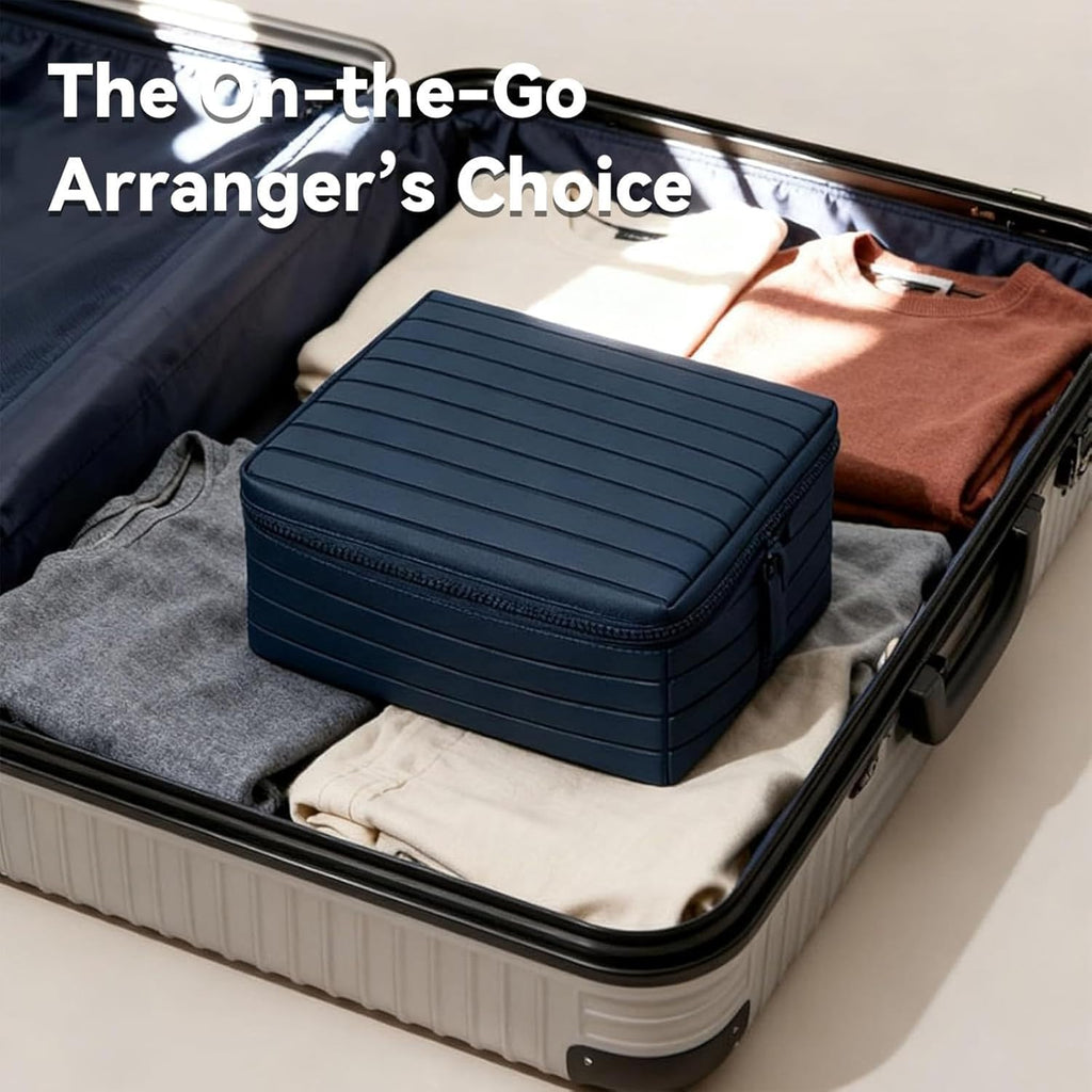 Foldable Travel Makeup Organizer Bag. Large capacity, waterproof cosmetic bag with dividers for women. Portable brown bag.