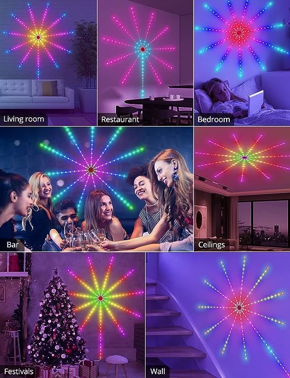 Smart Firework| USB Powered Room Decor | Color Changing Fireworks LED with Launch Burst Effect & RGB Strip Lights for Bedroom | Remote & App Control