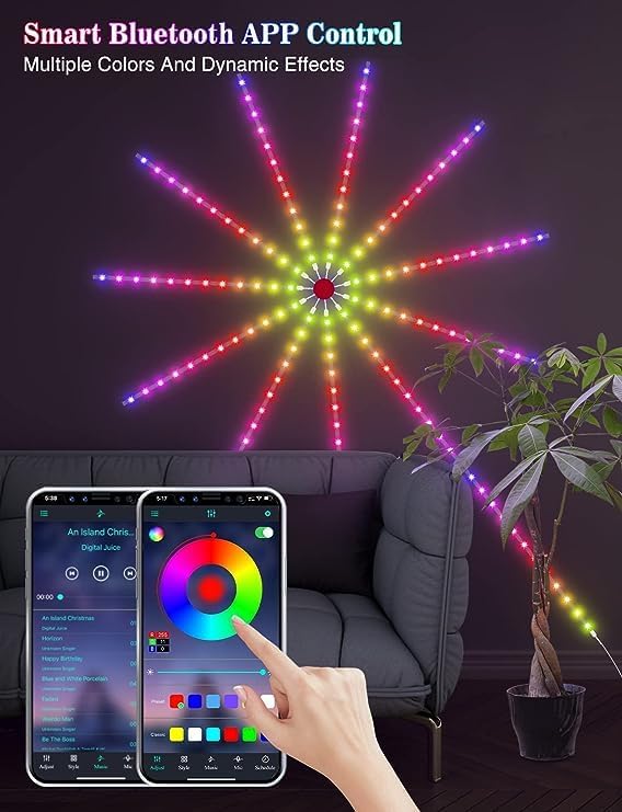 Smart Firework| USB Powered Room Decor | Color Changing Fireworks LED with Launch Burst Effect & RGB Strip Lights for Bedroom | Remote & App Control