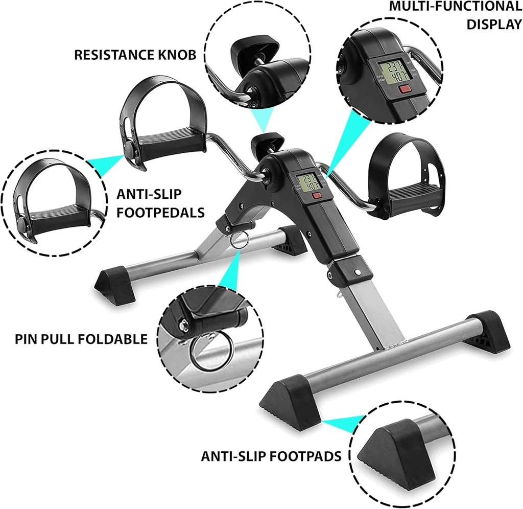 Mini Exercise Bike | Compact Arm and Leg Exerciser with LCD Monitor | Adjustable Resistance & Foldable Pedals