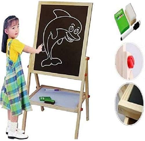 Kids Writing Board | Portable Double-Sided Wooden Easel with Whiteboard & Chalkboard | Height Adjustable Drawing Stand for Learning