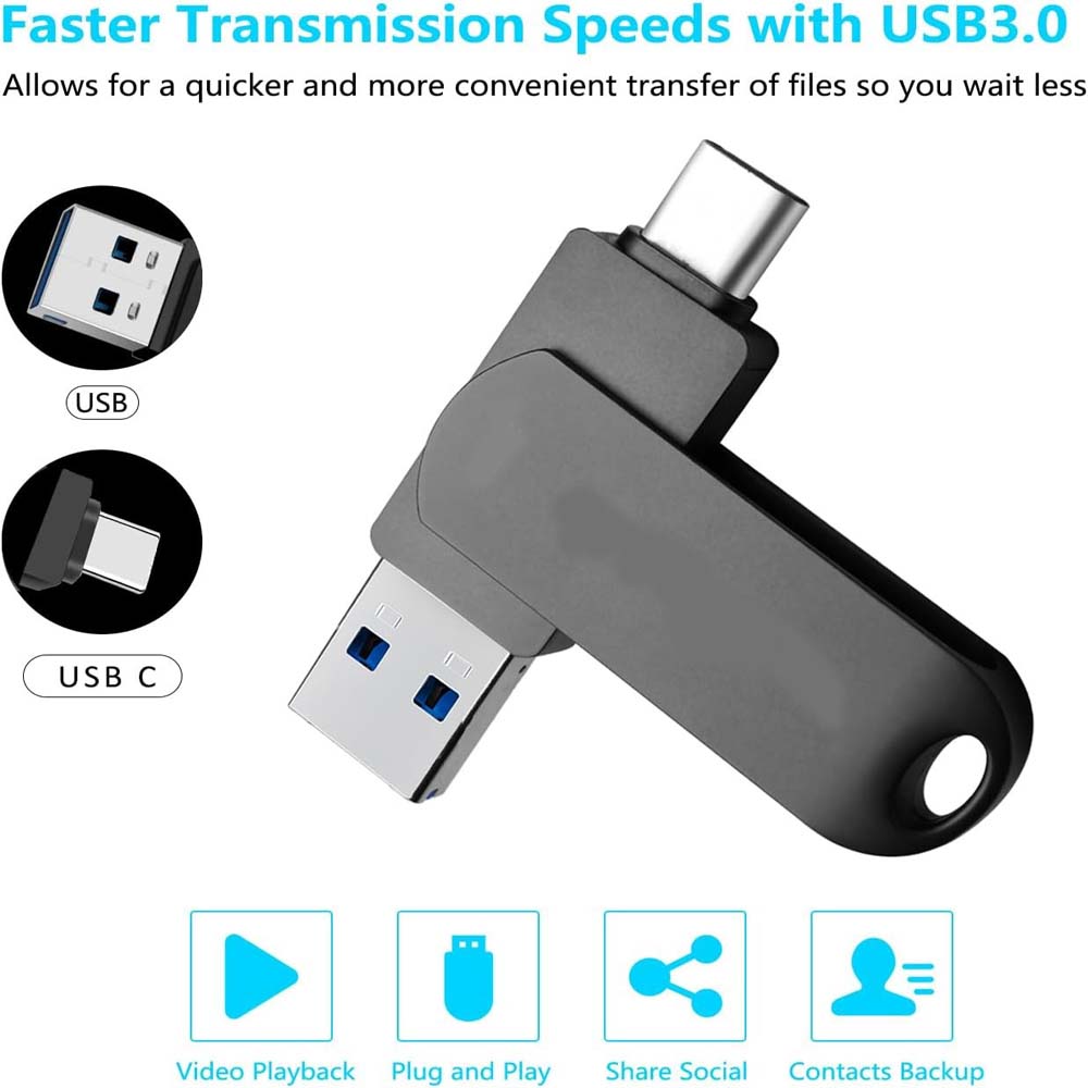 64GB USB-C Flash Drive - 170MB/s High-Speed Dual-Port Memory Stick for Android Phones, Tablets, PCs & Mac (Black)