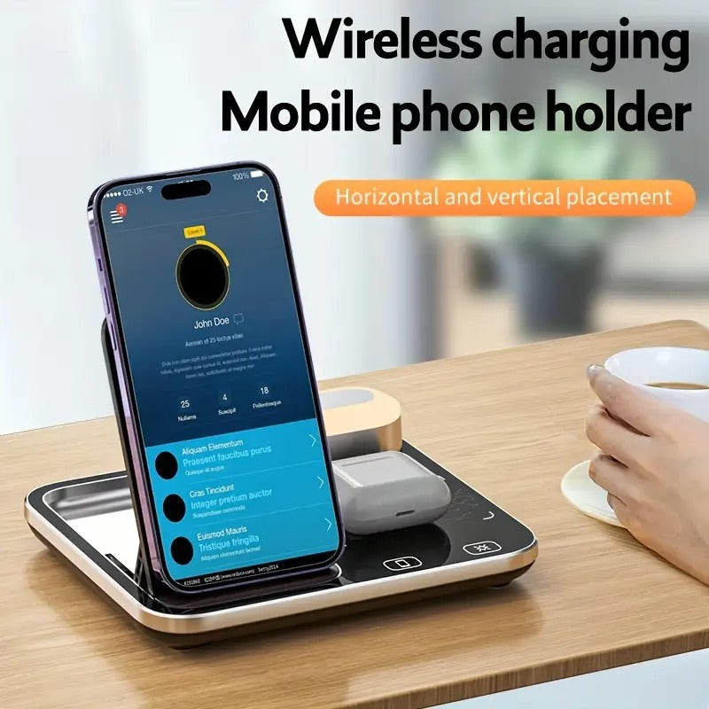 R12 Desktop Wireless Charger – 4-in-1 Automatic Lifting Station with RGB Light Effects and Sound-Controlled Lights