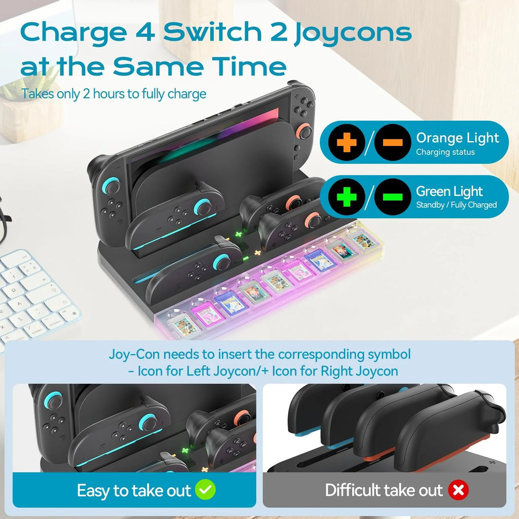 Switch 2 Charging Dock Station - Controller Charger with 7 RGB Lights, 9 Game Slots & Cooling Fan