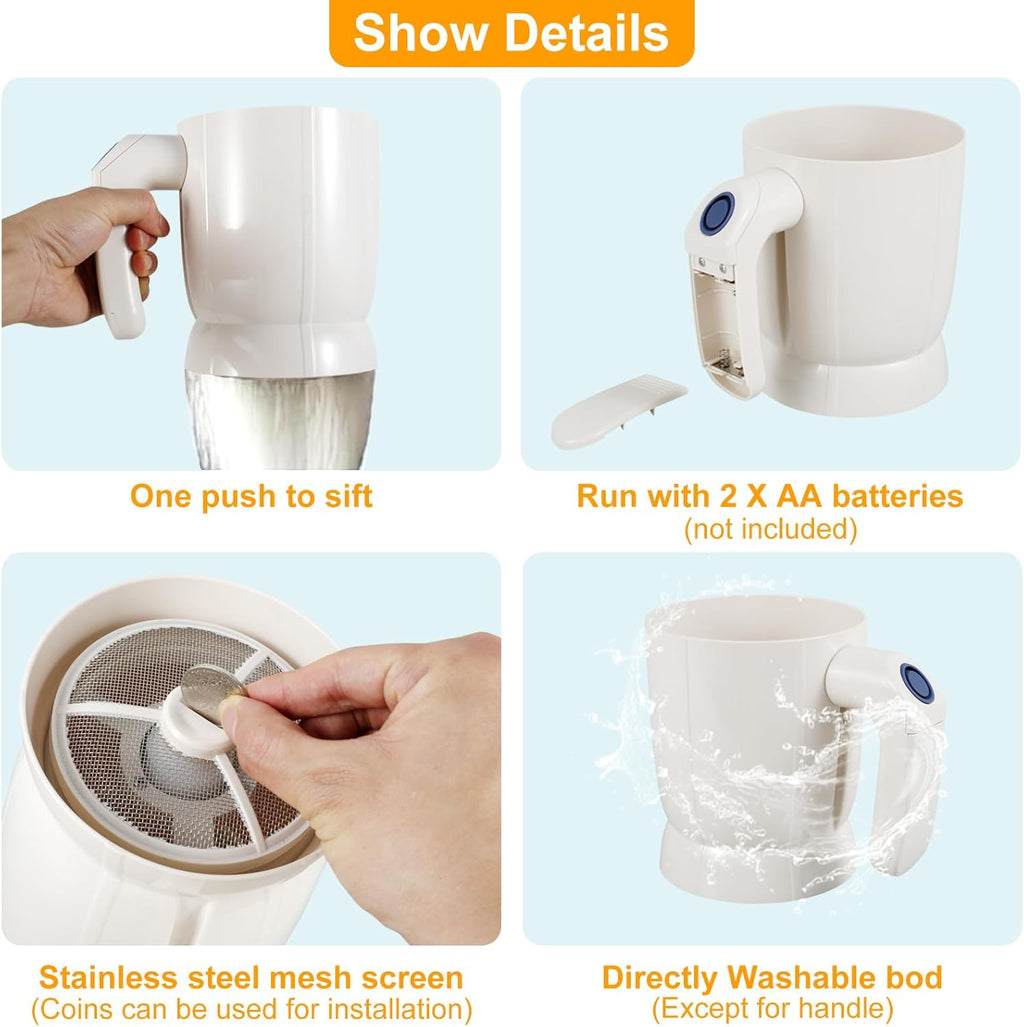Electric Flour Sifter – Battery-Operated Steel Mesh Sieve for Effortless Baking and Pastry Making