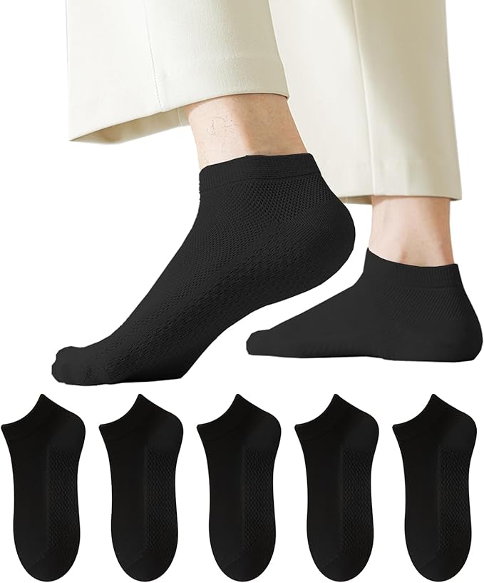 Men's Breathable Cotton Ankle Socks - 6 Pairs, Lightweight & Comfortable for All Seasons (Black)