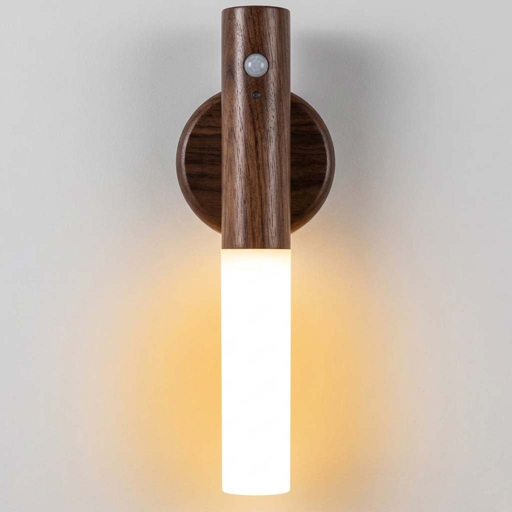 Motion Sensor Night Light with 4M Sensing Distance. Handheld portable smart LED light in walnut wood & glass. Stick anywhere.(1 Pcs)