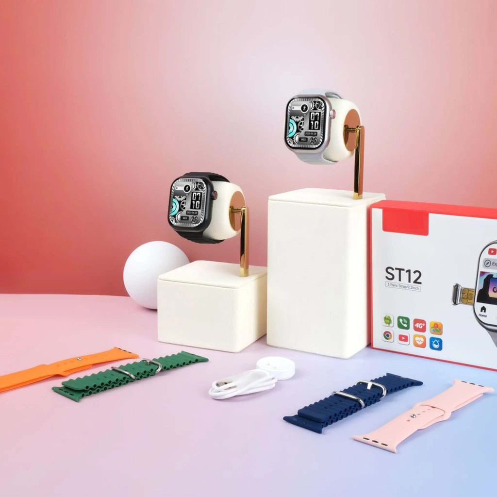 ST12 Smart Watch - 2.2" Full Screen, 4G SIM Support, 3 Straps + Wireless Charger (Multi-Color) for Men & Women