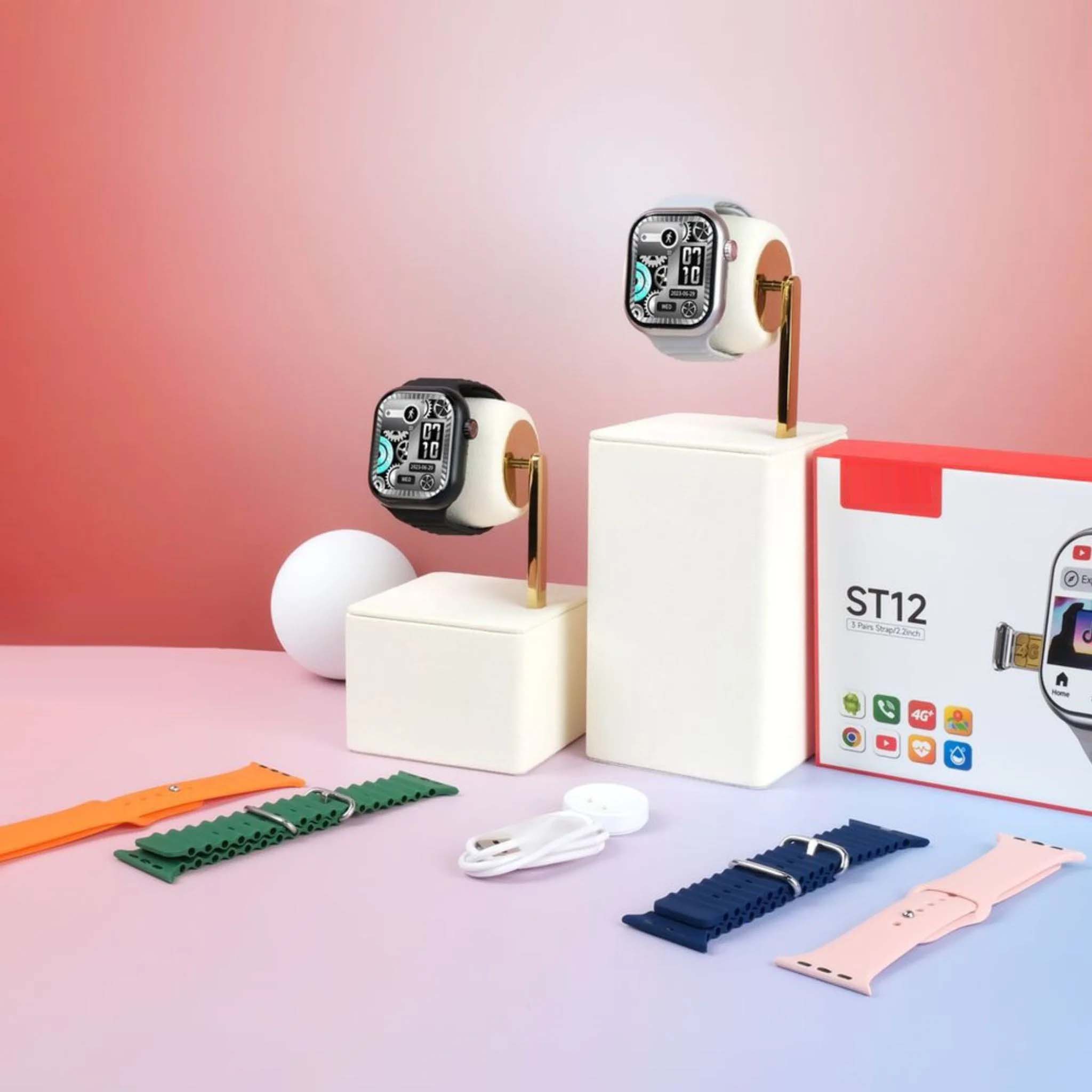 ST12 Smart Watch - 2.2" Full Screen, 4G SIM Support, 3 Straps + Wireless Charger (Multi-Color) for Men & Women