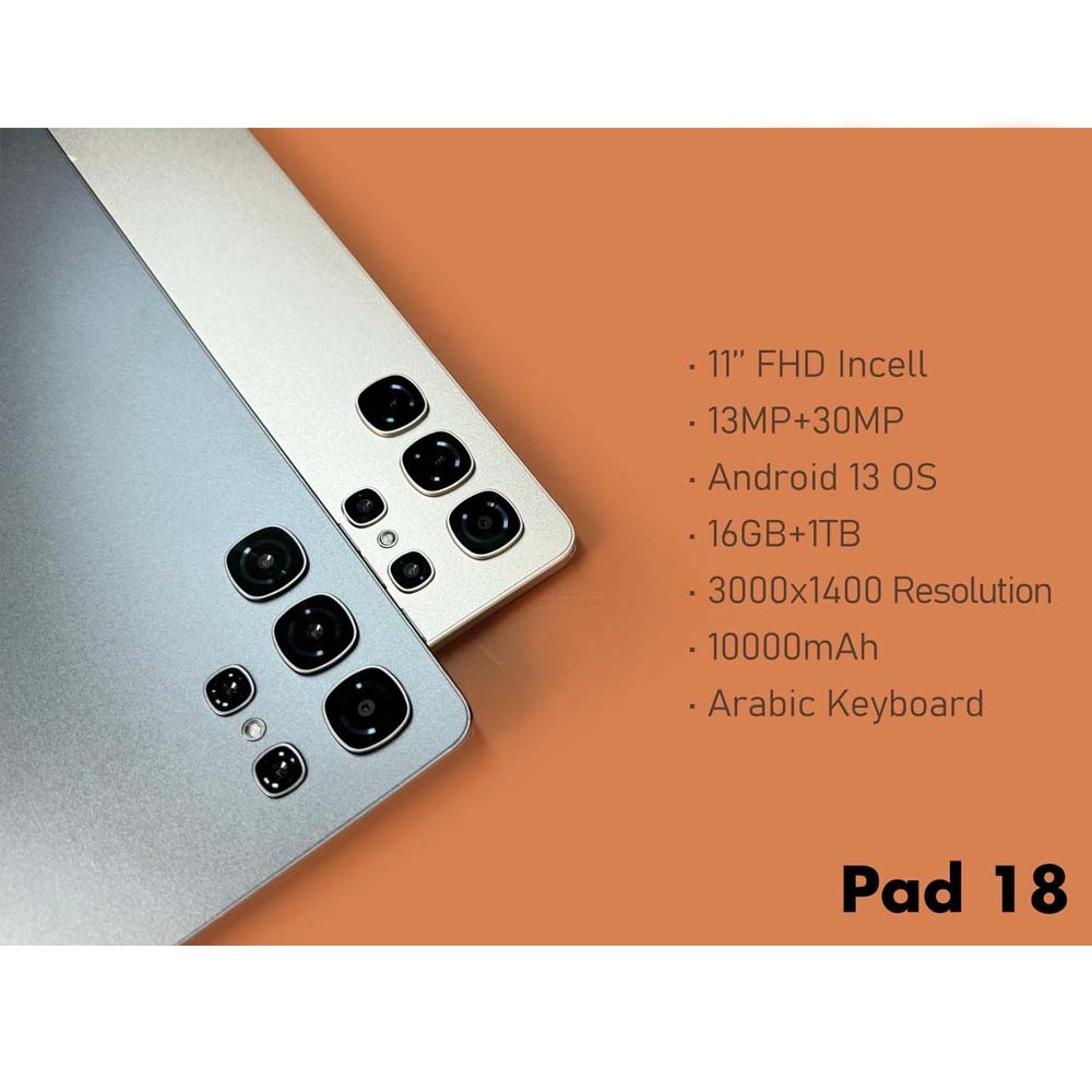 Pad 18 Ultra Tablet 11-Inch Full HD, 16GB RAM, 1TB Storage, Android 13, 10000mAh Battery with Arabic Keyboard