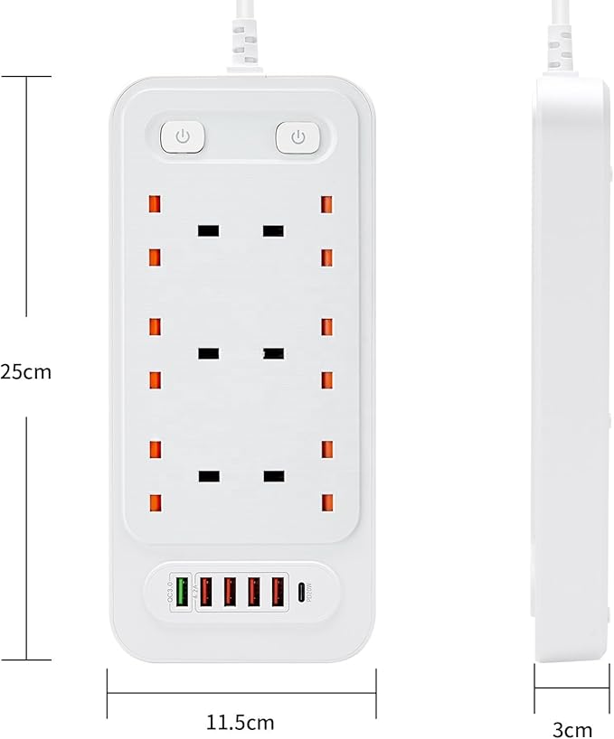Universal 6-Way Power Outlet Strip with Fast Charging – US Plug (Black)