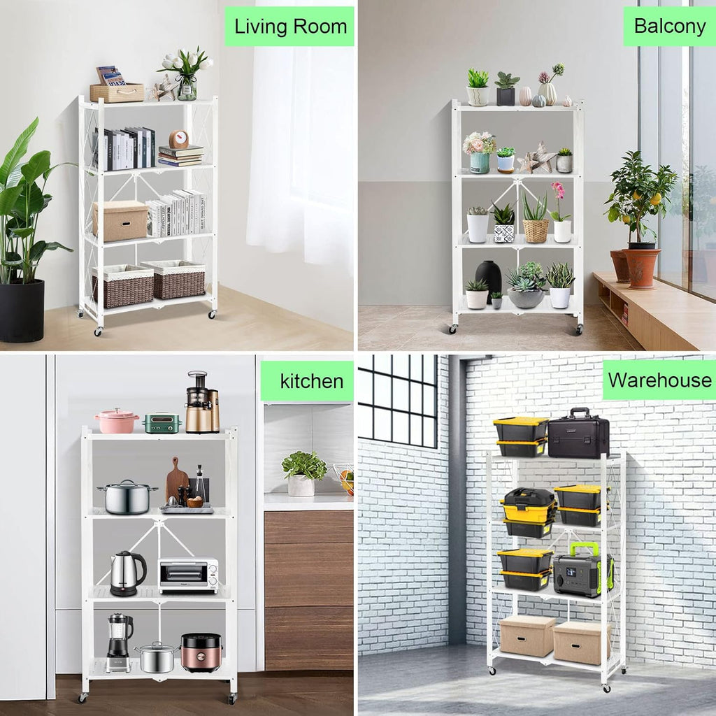 4-Layer White Mobile Folding Kitchen Storage Rack – No-Installation, Thickened Multi-Purpose Shelf (White)