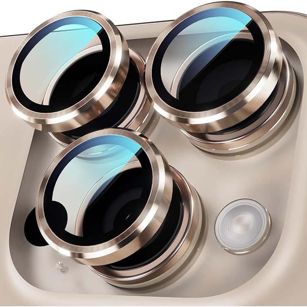 iPhone 14 Pro Max/15 Pro Camera Lens Protector - 3-Pack 9H Tempered Glass with Aluminum Alloy Ring (Desert Titanium)