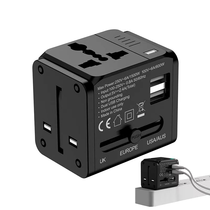 1500W Max Power Socket Plug for Home Appliances, 6-in-1 Universal Travel Adapter with US/EU/UK/AU Plugs, Multi-Device Charging Solution for International Travel