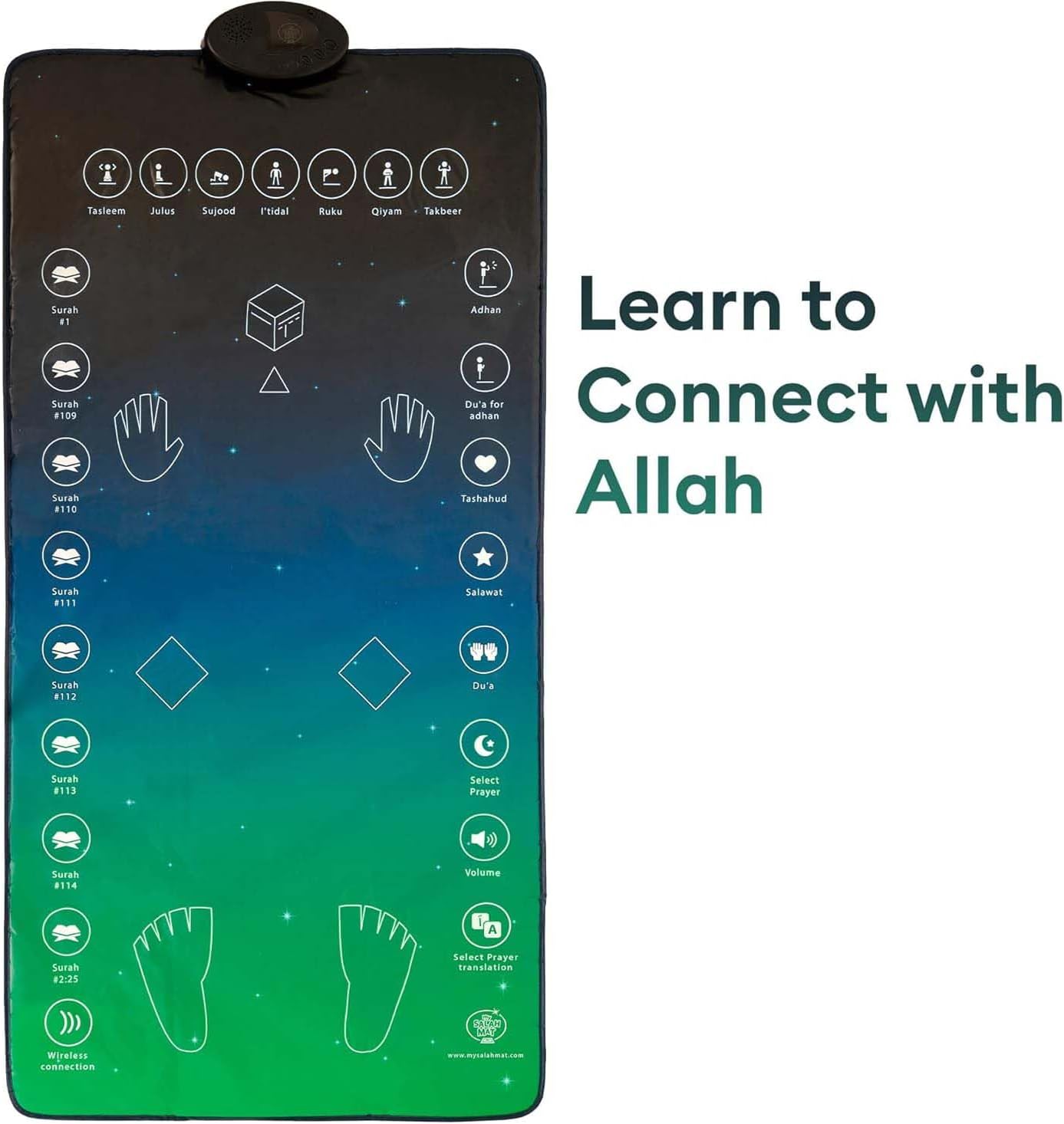 Smart Interactive Prayer Mat for Adults & Reverts. 25 touch keys, speaker & padded layer for learning Salah, Surahs & Duas. Ages 8+
