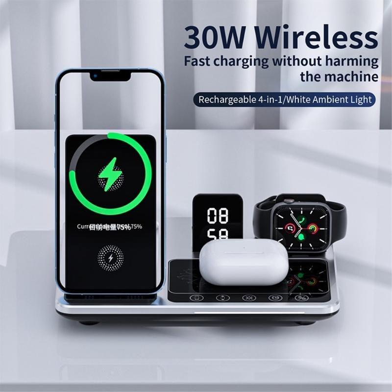 R11 Multifunctional 4-in-1 Wireless Charger – Folding Portable Charging Station with Digital Display and Time Function