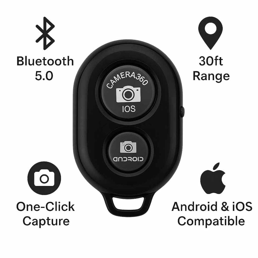 Bluetooth Remote Shutter Button for Selfie Stick & Tripod. Wireless camera clicker compatible with Android & iOS smartphones.