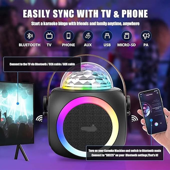 Karaoke Machine – Party-Ready Bluetooth Speaker with UHF Wireless Microphones and Disco Ball LED Lights